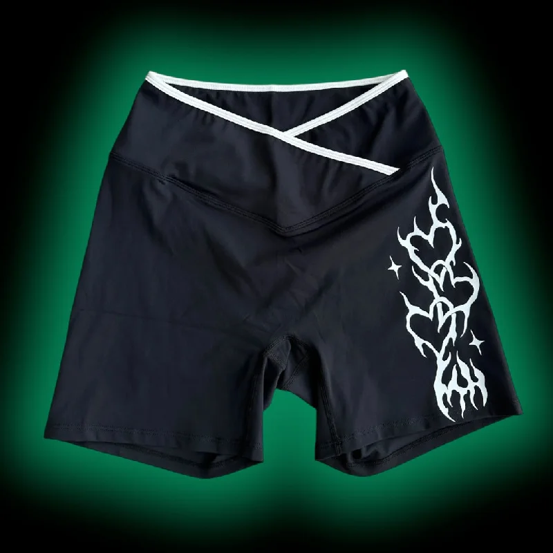 GOTHIC HEART BLACK- CROSSOVER WAIST SHORTS