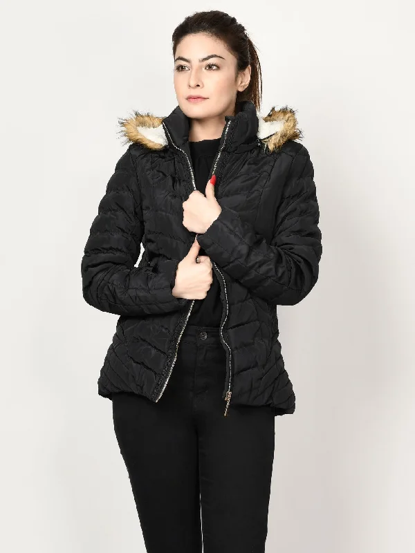 Faux Fur Puffer Jacket - Black