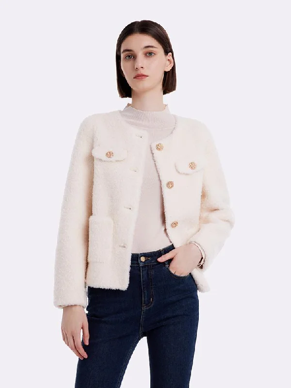 Lamb Wool Round Neck Crop Women Coat