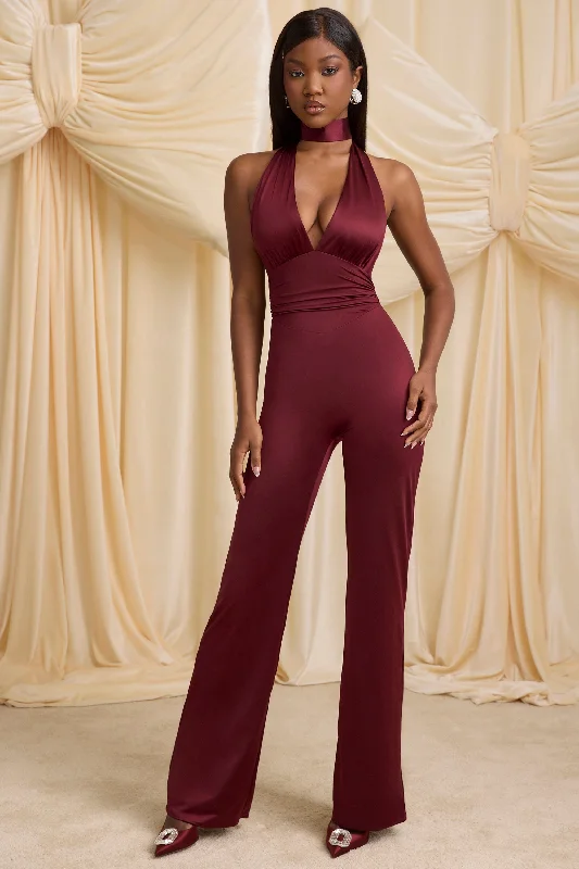 Tall Scarf-Detail Halterneck Jumpsuit in Wine Red