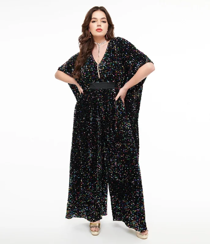 Unique Vintage 1970s Black Iridescent Sequin Caftan Jumpsuit