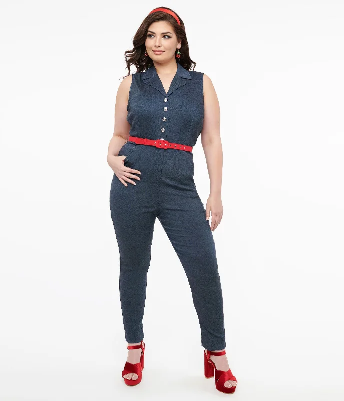 Unique Vintage Plus Size Blue Denim & Red Belt Skinny Jumpsuit