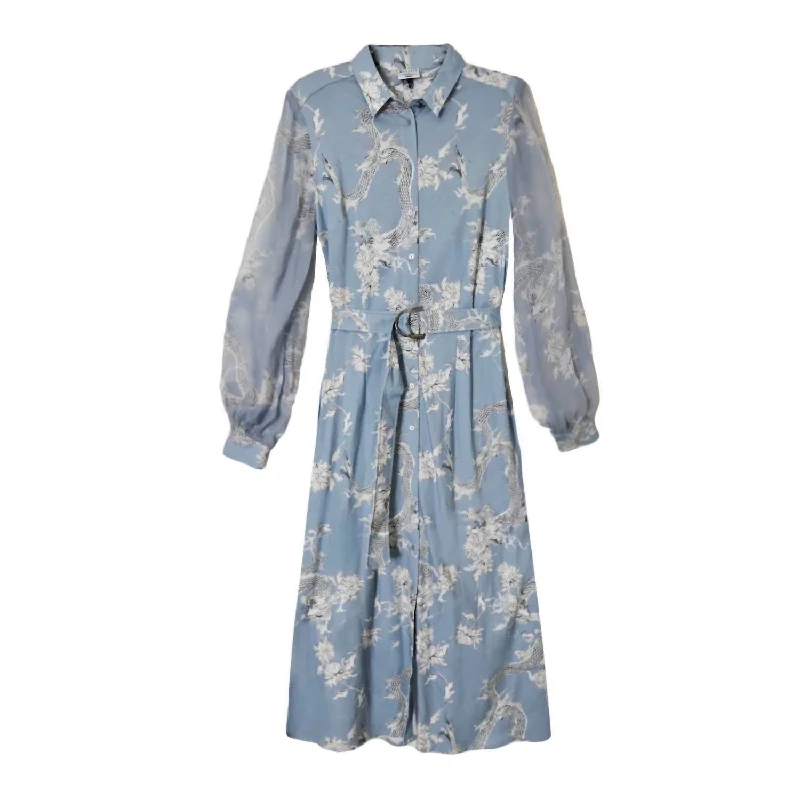 Dragon Print Kora Midi Shirt Dress In Blue