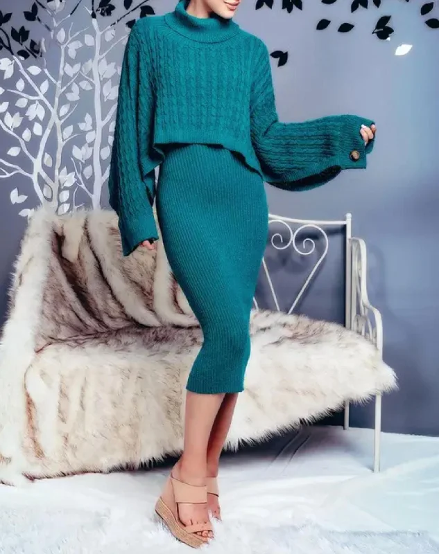 Ribbed Midi Dress And Turtleneck Sweater Set in Teal