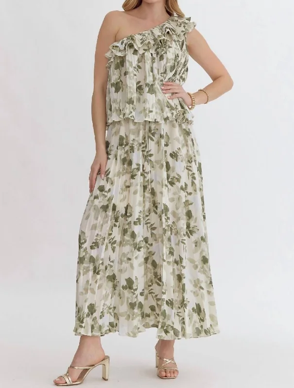 Isn't She Romantic Pleated Top And Skirt Set In Ivory/green