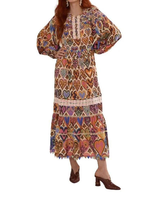 Long Sleeve Maxi Dress In Hearts Ikat Cream