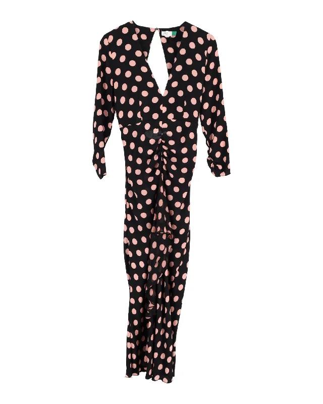 Rixo Polka-Dot V-neck Maxi Dress in Black Silk