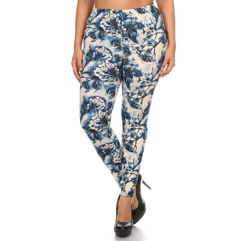 Plus Size Floral Print, Full Length Leggings In A Slim Fitting Style With A Banded High Waist