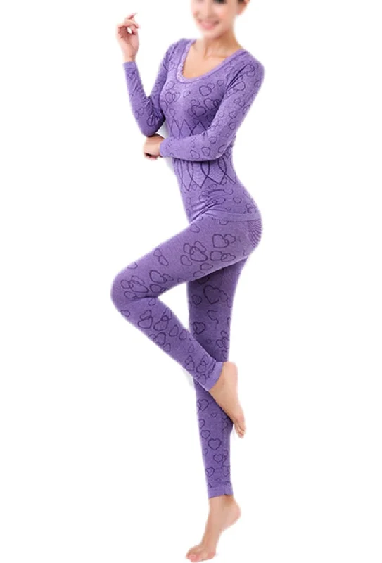 Women Round Neck Thermal Set Winter Tops&Pants Long Johns Pajama Sets Purple