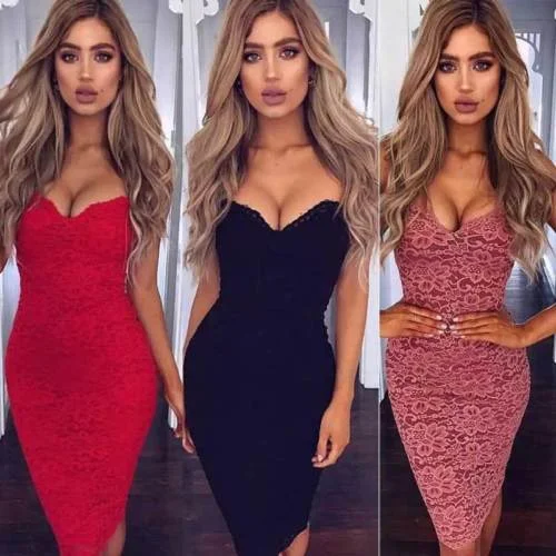 Women Sexy Evening Party Dress V-neck  Bandage Bodycon Dress Summer Skinny Lace  Sleeveless  Strappy Sling Red Dress Outwear