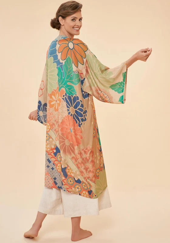 Powder 70s Kaleidoscope Floral One Size Kimono Gown, Coconut