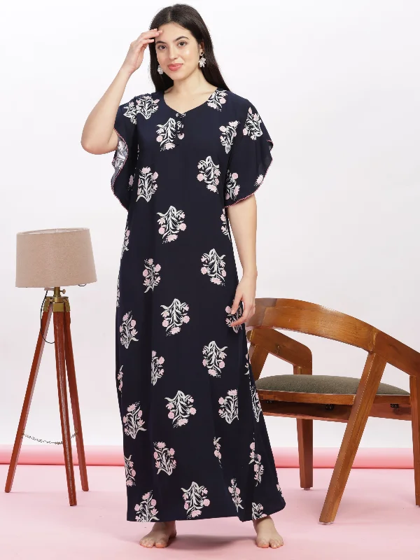 Dark Blue Rayon Designer Nighty | Floral Print Kaftan Sleeves Maxi Gown