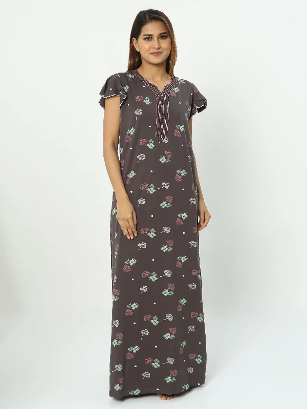 Hosiery Cotton Designer Maxi Nighty Brown