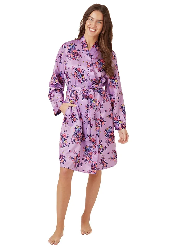 Indigo Sky Twilight Floral Satin Wrap Robe, Lilac