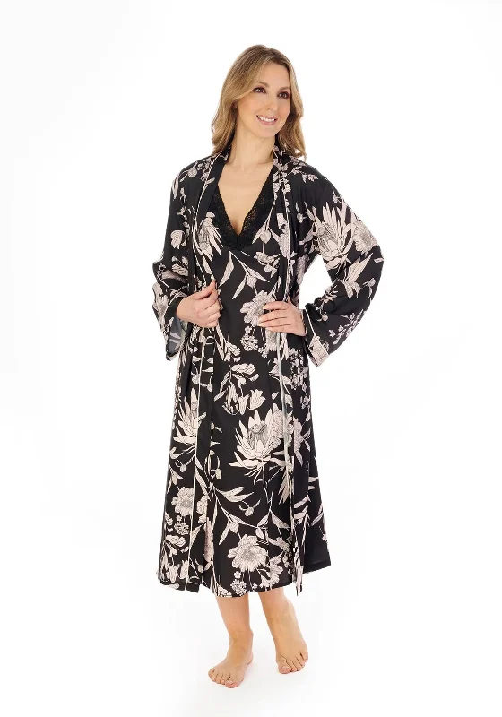 Slenderella Satin Floral Print Kimono, Black