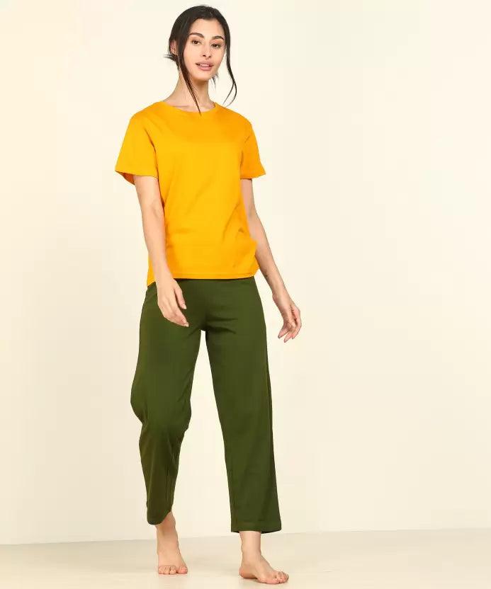 Women T-shirt & Pyjama Set Pure Soft Cotton (Yellow, Dark Green)