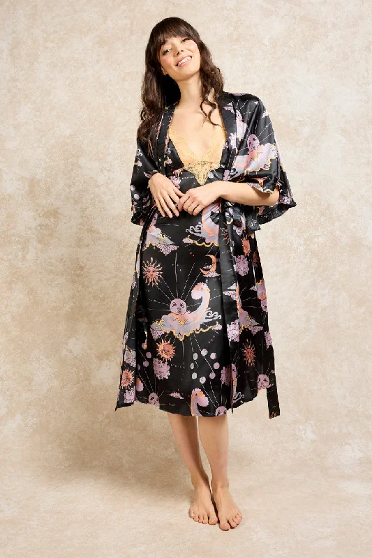 Womens Satin Frill Sleeve Kimono Robe La Luna